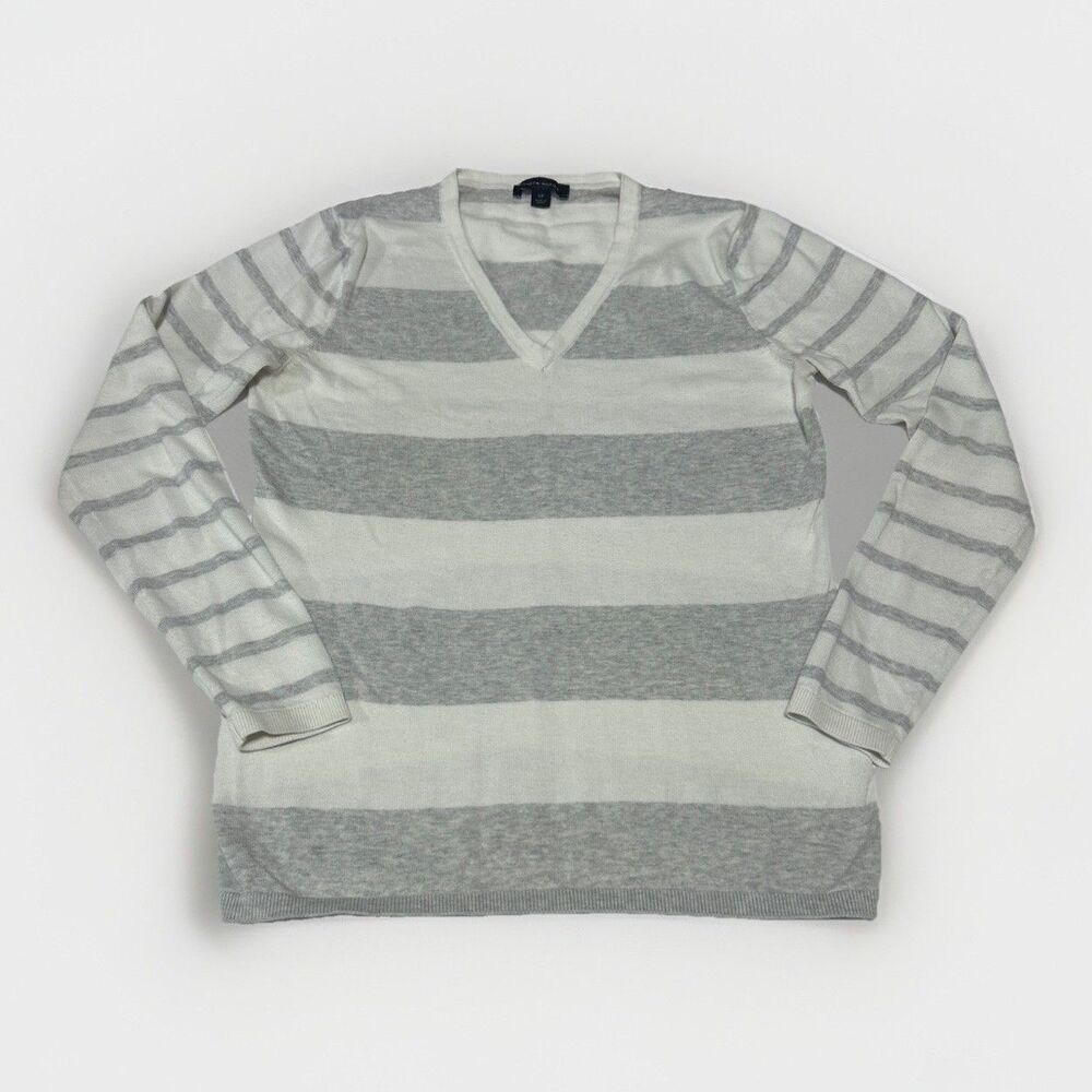 Tommy Hilfiger Women's Small Gray White Striped V-Neck Long Sleeve Top Hole